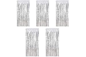 Kioneer Metallic Tinsel Curtains - Silver 5 Packs, 3 ft x 10 ft, Large Foil Fringe for Photo Backdrop, Door, Wall, Window, Party, Christmas Decoration