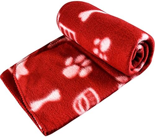 New Pet Touch Soft Fleece Pet Blanket Dogs Puppy Cat Kittens Blankets Paws & Bones Print ((100 X 150) cm, Red (White Paws))