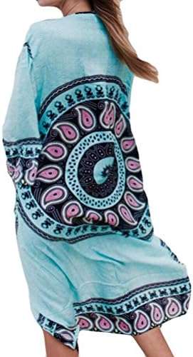 Hmeng Beach Cover, Women's Chiffon Cardigan 3/4 Sleeves Boho Kimono Beach Bikini Long Floral Bathing Suit Cover up (Sky Blue, M)