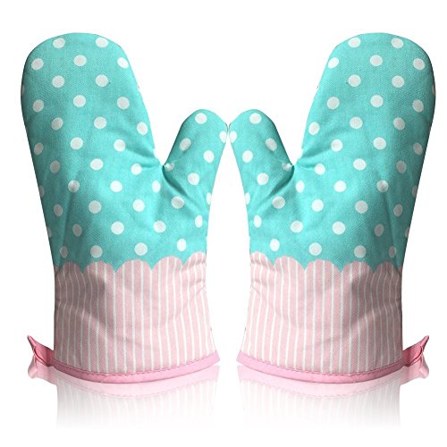 1 Paar Hitzebeständig Ofenhandschuhe Verdickte Hitzeresistente Topflappen Backhandschuhe aus Baumwolle und Polyester (3#) – Gepunktet Türkis - 2