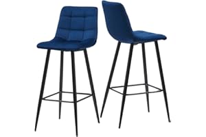 OFCASA Bar Stools Set of 2 Blue Velvet Upholstered Bar Stools Square Pattern Backrest Breakfast Kitchen Bar Chairs for Home Kitchen Bar 65cm Height