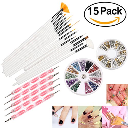 RUIMIO 15 Nail Brush, 12 Colors Nail Rhinestones, 5 Dotting Pens and Gold / Silver Studs