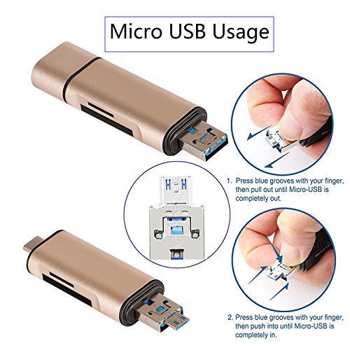ZEDELA SD/TF Kartenleser mit Adapter 3-in-1 USB-A/Micro USB/USB-C Typ-C,SuperSpeed Memory Card Reader USB Kartenlesegerät für Micro SD/SDXC TF Kartee(Golden) - 4