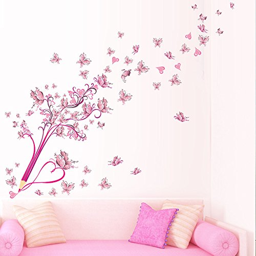 LianLe 45 * 60cm Wall Sticker Adesivo da Parete Fiore Rosa Farfalla Matita Rimovibile Murale per Soggiorno Stanza dei Bambini Camera da Letto