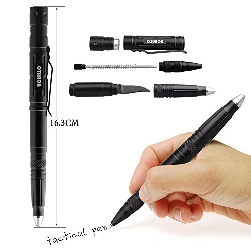 ACRATO Aluminium Tactical Pen Kubotan Kugelschreiber mit Glasbrecher und LED Lampe zur Selbstverteidigung Campingwerkzeug Militärwerkzeug Multifunktional Schwarz - 2