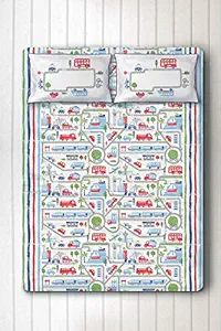 Silverlinen Busy Streets 100% Cotton 250 TC Double Bedsheet for Kids Room for Boys with Two Pillow Covers - Multicolour