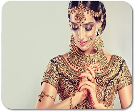 Mouse pad Portrait Smiling of Beautiful Indian Girl Young Hindu Woman Model with Golden Kundan Jewelry Traditional mouses pad 9.5x7.9 Inches Mousepad