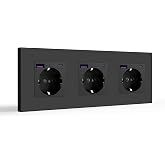 BSEED Schuko Wall Plug, 16A 250V Simple Plug on Plastic Panel, 3 Gang with 20W USB/Type C, Black