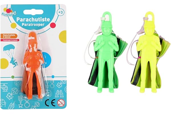 FLYPOP'S - Parachutiste À Lancer - Jouet pour Enfant - 032513 - Couleurs Assorties - Plastique - Kermesse - Jouet Enfant - Cadeau - Anniversaire - 10 cm - À Partir de 3 Ans