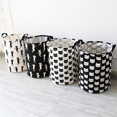 Inwagui Baumwolle Wäschesammler Klapp-Runde Wäschetruhe Haushalt Organizer Korb Wäschebox Kinderzimmer Badezimmer – Weiße Katze A - 5