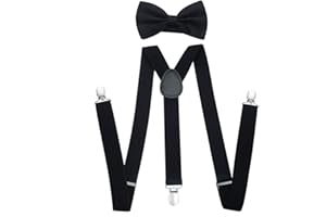 REQAG Juego de tirantes para niños con pajarita elástica en forma de Y ajustable con clips y pajarita para niños y niñas, negro, M