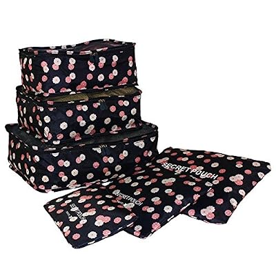 Travel Saison 6 Pièces Sacs de Voyage Rangement Organisateur Système de Cube Voyage - 3 Cubes d'emballage + 3 Pochettes Parfait Voyage Bagages Travel Saison (bleu marine floral)