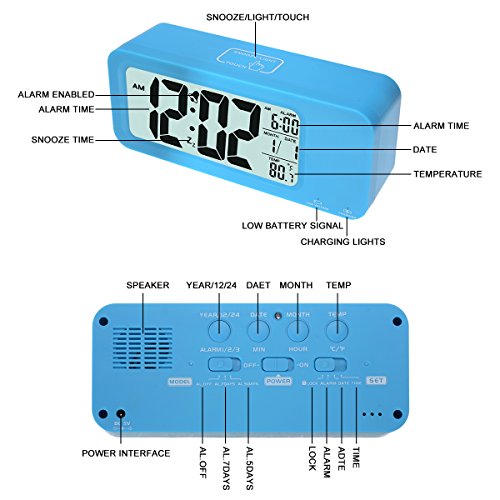 KING DO WAY USB Intelligentes Wecker LED Digital Uhr Große Display Voll Funktions Snooze, Triple-Alarm, Temperatur-Anzeige, Smart Licht USB-Aufladung Umweltschutz JC1908 Blau - 4