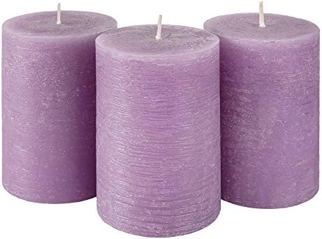 Candle Atelier Tender Lilac 3" x 4.5" Handmade Pillar Candles, Fragrance-free, Set of 3