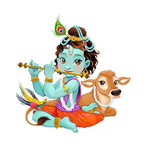 Decals Design Lord Krishna with Flute Cute Wall Sticker (PVC Vinyl, 50 cm x 70 cm, Multicolour)