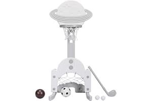 GYMAX 3-IN-1 Kids Basketball Stand, Basketball Hoop Set with Soccer and Golf Play, Height Adjustable Sports Activity Center for Toddler Children