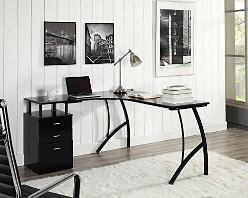 L-Shaped Corner Computer Desk Office Home PC Table in Black or White + 3 Drawers (Black)