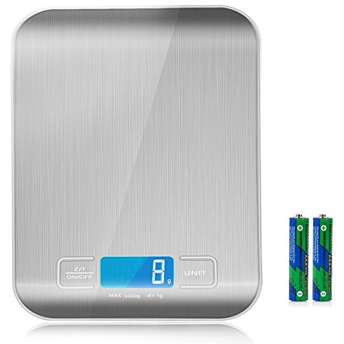E2BUY® 5000g Digitale Küchenwaage, Lebensmittelwaage, Elektronische Kochen Lebensmittelwaage mit hoher Genauigkeit, LCD-Display, Edelstahl und schlankes Design, Inkl. Batterie (Silber)