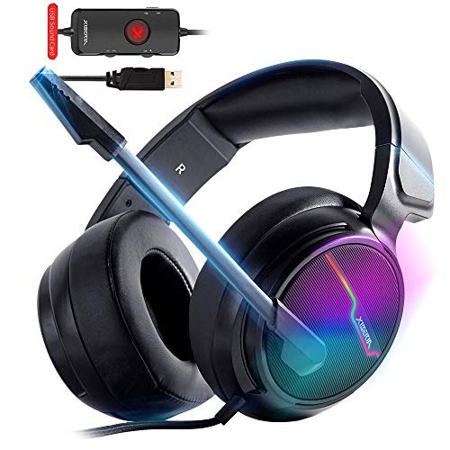 XIBERIA-V20 USB PS4 Headset, 7.1 Surround Sound PC Gaming Headset with 2.1 Meter Cable and Noise Cancelling Mic Headphones-Memory Foam Ear Pads for Laptops, Computer, Mac and Macbook with RGB Light