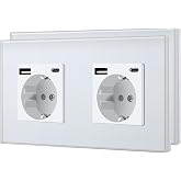 BSEED Double Socket with USB C, Wall Plugs with Crystal, Schuko Single Plug 16A 250V, Power Socket for Kitchen, Bedroom, Offi