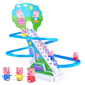 HUImiai Cartoon Little Pink Pig Toys with Light and Music,Electric Rail Climbing Stairs Toy,Roller Coaster,Track Car Set for 3 4 5 Years Old Kids,Christmas Birthday Present for Boys Girls