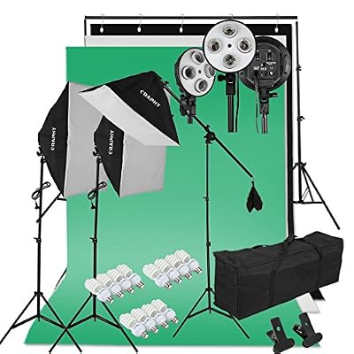 Craphy Kit Éclairage Studio Photo 2000W 5500K 3* Softbox + 3* Têtes d'éclairage à 4 Sockets + 3* Trépied + Kit de Bras Girafe + 12* Ampoule LED + Kit de Fond