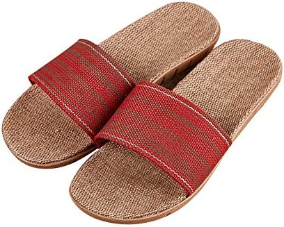 TELLW Red women Summer Slippers linen indoors home Couples anti-slip rattan grass casual one word slippers