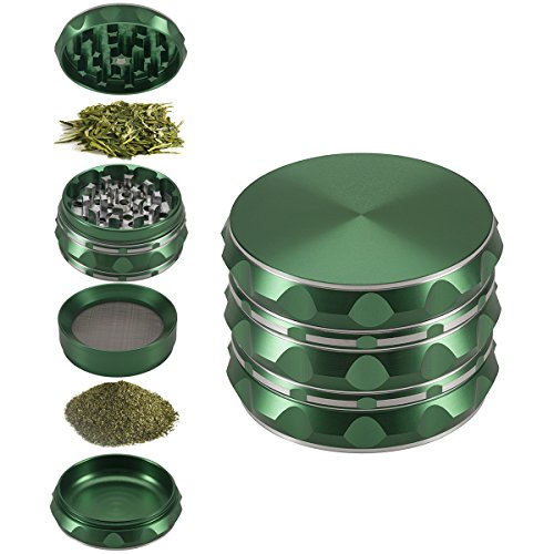 Witasm Pollen Grinder Crusher Kräuter Mühle für Tabak Kräuter Gewürze Herb Spice Kaffee. Ø63mm 4-teiliges Set mit Schaber, Grün, Zink-Legierung