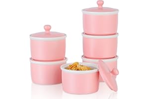 240ml Pirottini per Soufflé con Coperchio, Candiicap Set di 6 Pirottini da Soufflé in Porcellana per Cuocere al Forno, Budini, Creme Brulée, Salsa di Servizio (240ml, Rosa Opaco)