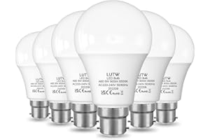 LUTW B22 Led Light Bulbs Bayonet, 60W Equivalent, Cool White 6500K, 9W 900lm LED Bulbs, BC GLS Energy Saving Light Bulbs, Non-dimmable, Pack of 6