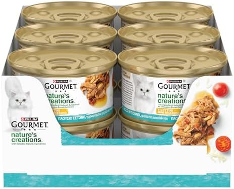 GOURMET NATURE'S CREATIONS Cibo Umido per Gatti Adulti Filettini con Tonno guarnito con pomodori e riso 12 lattine da 85g