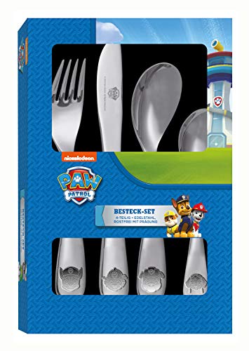 POS 29991 - Besteckset mit Paw Patrol Prägung, 4 teiliges Kinderbesteck aus rostfreiem Edelstahl, spülmaschinengeeignet, bestehend aus Messer, Gabel, großer und kleiner Löffel