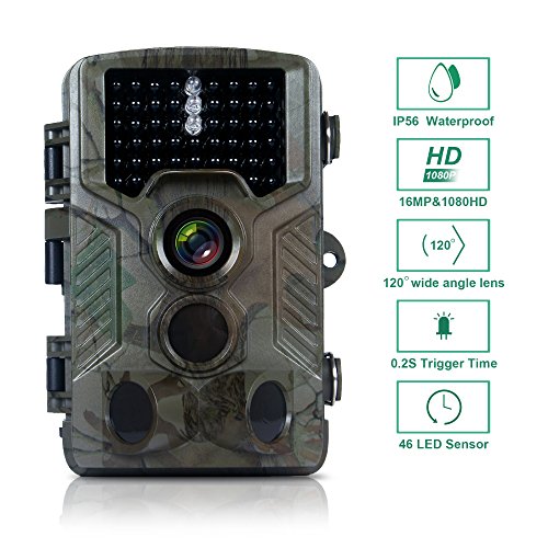 flagpower Trail Cámara, Max 16 megapixal 1080P Cámara de Vida Silvestre con 120 ° gran angular noche versión con 46 pcs LEDs IR hasta 65 ft cámara de caza con protección IP56 Spray diseño de protección de agua (incluye 32 G tarjeta micro SD)