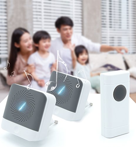 Ecoye Wireless Doorbell 2 Plug in Receivers &amp; 1 Push Buttons Transmitter With LED Indicator Light 1000ft Long Range Reception 52 Chimes to Choose,4-Levels Volume IP44 Waterproof No Battery Required Cordless Door Chime.