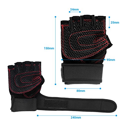 Vsllcau Fitness Handschuhe Trainingshandschuhe Halbfinger mit Handgelenkstütze für Hanteltraining, Klimmzüge, Gewichtheben, Fahrrad Fahren, Bergsteigen usw. (Schwarz-Rot) - 4