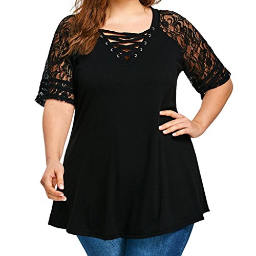 Preisvergleich Produktbild Übergröße Blusen Damen Kolylong® Frauen Elegant V-Ausschnitt Spitze Bluse Unregelmäßig Sommer Lässige Kurzarm Shirts Plus Size T-Shirt Oberteil Oversize Hemden Sweatshirt Tunika Tops (Black-B, XXXXL)