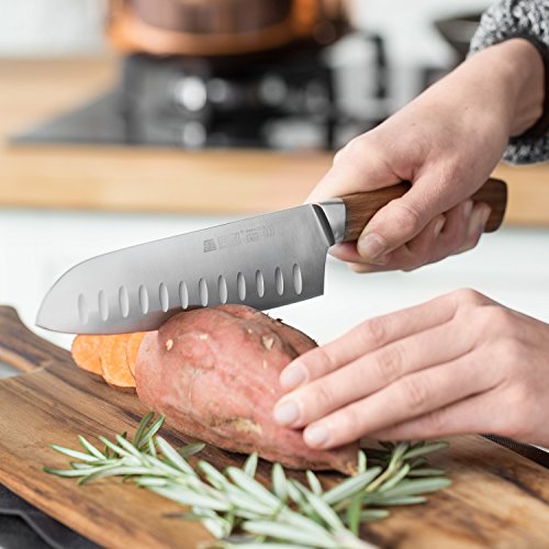 Santokumesser mit Kullenschliff 29 cm von Honway Kochmesser japanischer Art aus deutschem Klingenstahl und Messergriff aus echtem Rosenholz - 2