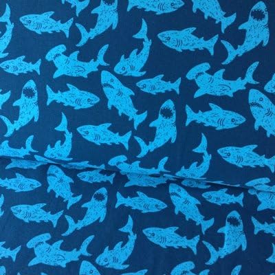JERSEY Fabric - Sharks on Navy Blue Background HEM03 - Dressmaking & Childrens Clothes Fabric - 95% Cotton 5% Elastane - By 0.5 Metre 50 cm x 150 cm (HEM03 Sharks Blue)
