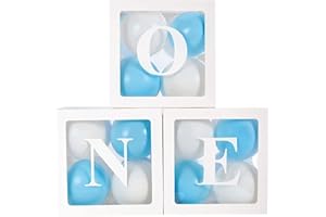 QIFU Palloncini Compleanno 1 Anno Bimbo, Con 24 Palloncini Blu Bianco, 3 pezzi Scatole Trasparenti Con Lettere ONE, Primo Compleanno Bambino, Decorazioni Compleanno 1 Anno