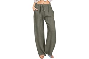 CHDIRNELY Women's Linen Trousers Clearance Wide Leg Pants Plus Size Elastic Waist Summer Casual Palazzo Trousers with Pockets Cotton Solid Color Straight Long Pants
