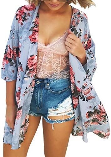 Womens Bikini Cover Up, Sonnena Women Chiffon Floral Shawl Cardigan Top Beach Cover Up Womens Loose Beachwear Swimwear Sunscreen Bikini Cover-up Shirt Beach Dress Summer Swimsuit (XXL, Blue)