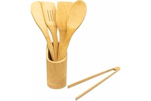 VAPPORE Set 6 Utensilios de Cocina de Bambu Natural - Utensilios de Cocina de Madera para Cocinar - Juego Utensilios Cocina (Espatulas, Cuchara, Tenedor, Pinzas) Accesorios de Cocina hechos en Bambú Natural