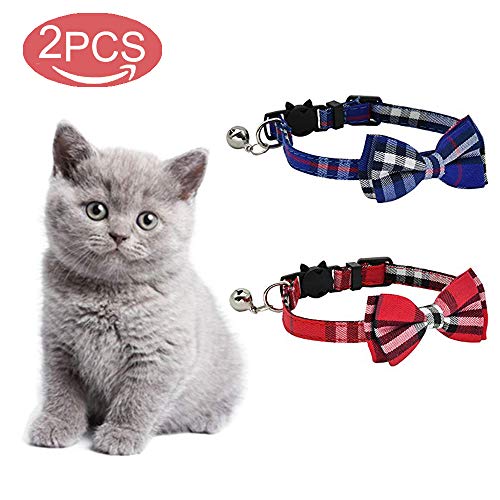 kingkindshun 2 Pack/Set Escote de Gato con una Linda Corbata de Lazo y una Campana para Gatito y Algunos Cachorros, Ajustable de 6,8 a 10,8 Pulgadas (Azul + Rojo)
