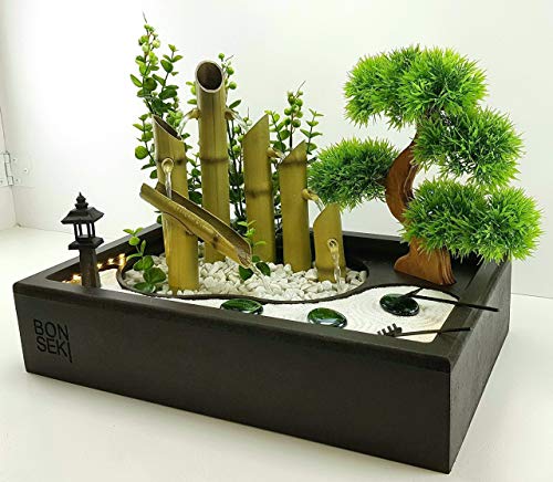 Bonseki Fontana Zen Da Interno 40 X 25cm Nero Con Giardino Zen Da Tavolo Bonsai E Led Personalizzabile