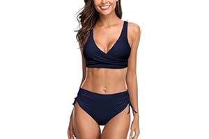 RAYSON Traje de Baño Bañador de Dos Piezas Cintura Alta Conjunto Bikini 2 Pieza V-Cuello Push up Cordones Bikini Top Control Abdominal Parte Inferior del Bikini