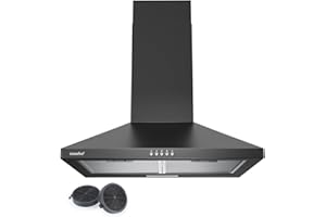 COMFEE' CHT 3.6A17B Dunstabzugshaube 60cm Umluft & Abluft, Wandhaube mit Aktivkohlefilter, 400m³/h Luftstrom, 5 Schichten Waschbarer Fettfilter, 3 Stufen, Einstellbarer Kamin, 1 LED-Licht, Schwarz