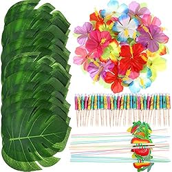 148 Pièces Décoration de Fête à Thème de Luau, 24 Pièces Feuilles de Palmiers Tropicales, 24 Pièces Fleurs Hawaïennes, 50 Pièces Parapluies de Couleurs Mixtes et 50 Pièces Pailles de Fruits en 3D