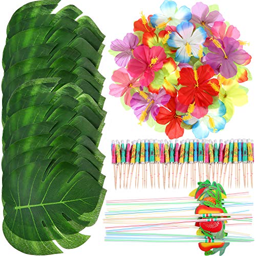 148 Pièces Décoration de Fête à Thème de Luau, 24 Pièces Feuilles de Palmiers Tropicales, 24 Pièces Fleurs Hawaïennes, 50 Pièces Parapluies de Couleurs Mixtes et 50 Pièces Pailles de Fruits en 3D