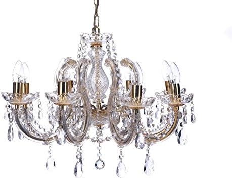 Marco Tielle 8 Light Chandelier in Brass, with Crystal Glass Column Beads & Droplets with Acrylic Arms