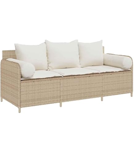 Divano Giardino 2/3 Posti In Rattan Naturale - Con Cuscini Bianco Crema, 155x78x67 Cm - Foto 3
